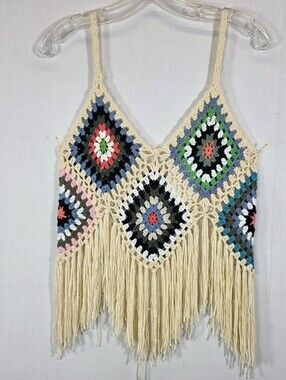 Sewn + Seen Natural Crochet Patch Fringe Tank Top Medium NWT Boho Festival